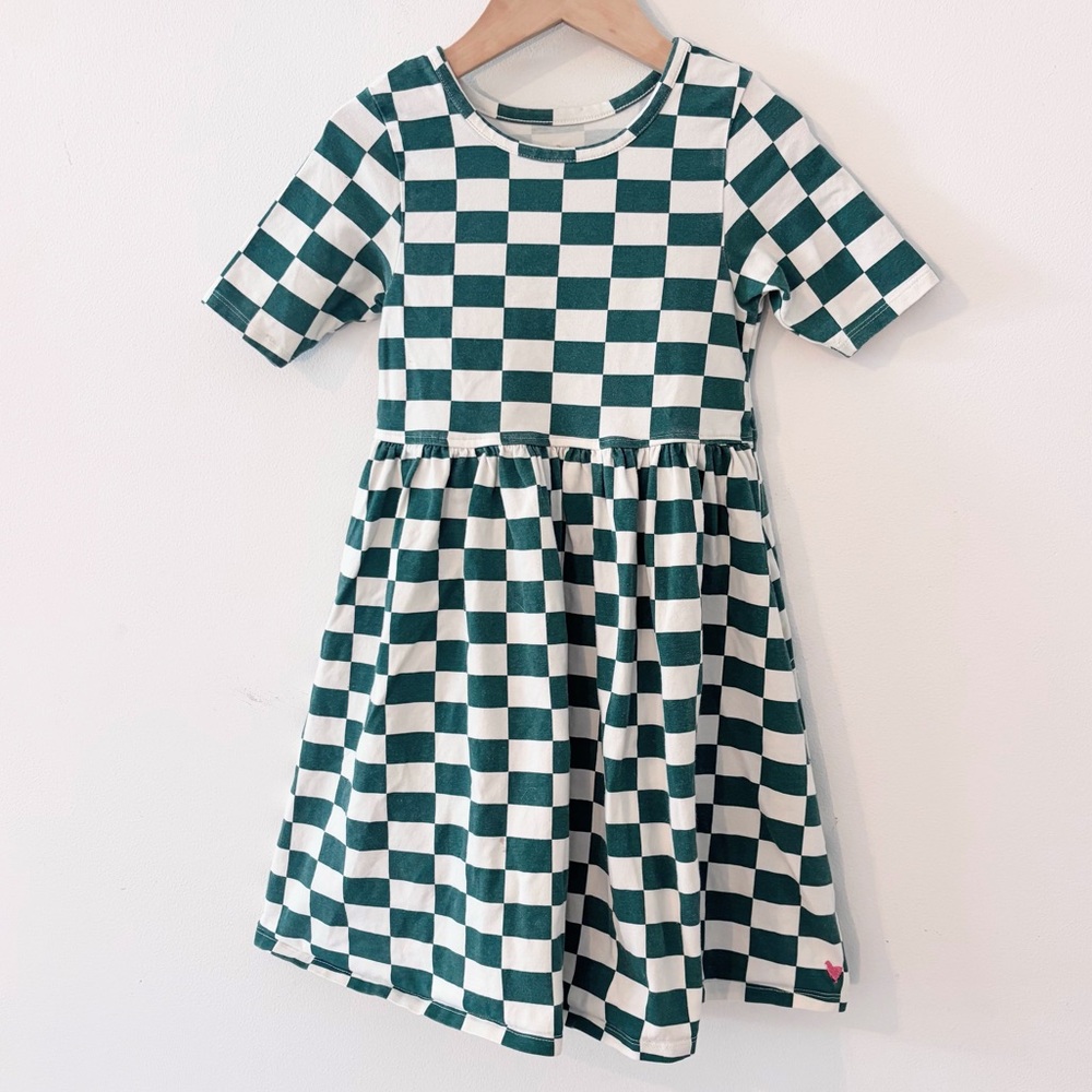 PINK CHICKEN green white checkered short sleeve cotton flare twirl dress 6Y